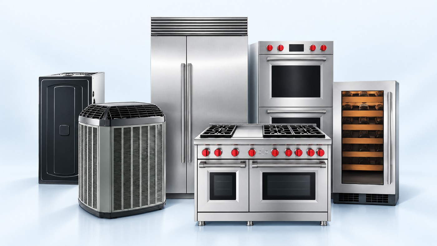 Refrigerator, professional range, double wall oven, wine refrigerator, furnace and outdoor A/C unit