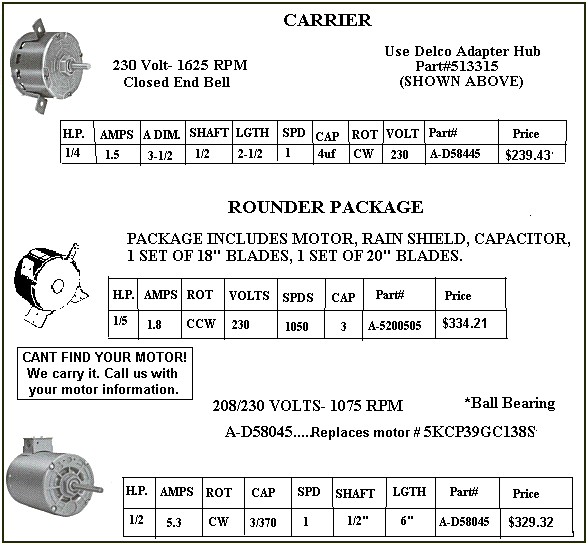 Carrier air conditioning parts, condenser fan motors.  - HOW TO ORDER - Use the part number shown in the image by entering into the add to cart box below and receive $2 off and free shipping. Order 4 items and receive $10 off!